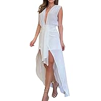 Summer Sundresses for Women 2024, Women's Sleeveless V Neck Solid Irregular Tuxedo Dress Dress Casual