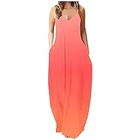 Boho Dress for Womens Casual Summer Sexy Spaghetti Strap Dress Beach Ombre Sundress Long Maxi Dress with Pockets Watermelon Red