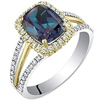 PEORA 14K Gold 3.19 Carats Created Alexandrite and Lab Grown Diamond Ring, AAA Grade Color-Changing Cushion Cut