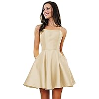 Homecoming Dresses for Teens 2023 Satin Spaghetti Straps A Line Short Formal Evening Dress with Pockets