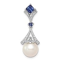 925 Sterling Silver Polished Rhodium Plated Diamond Created Sapphire Freshwater Cultured Pearl Pendant Necklace Measures 28x10mm Wide Jewelry for Women