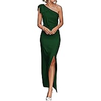 Women's Bow One Shoulder Sleeveless Ruched Split Flared Bodycon Party Maxi Dress