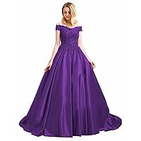 Off Shoulder Quinceanera Dresses Long Ball Gown with Train for Women Formal Dress Beaded Satin Sweet 16 Lace Applique DR0016
