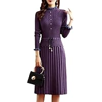 Fake Two Pieces Knitted Dress Women Vintage Long Sleeve Bottoming Sweater Dresses Fall Casual Slim Midi Vestidos