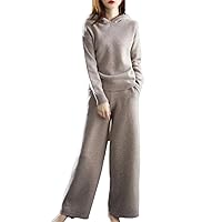 100% Cashmere Wool Set Women's Long Sleeve Hooded Sweater Casual Loose Knitted Long Wide Leg Pants Suits