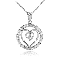 STERLING SILVER ROPED CIRCLE DOUBLE HEART WITH CZ PENDANT NECKLACE - Pendant/Necklace Option: Pendant With 22