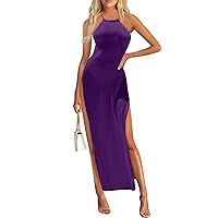 Women's Sexy High Slit Halter Neck Backless Knitted Dresses Solid Color Slim Fit Long Date Night Club Party Dress
