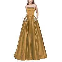 VeraQueen Women's A Line Strapless Prom Dresses with Pockets Long Beaded Satin Ball Gown Dress Gold