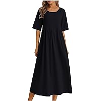 Women Summer Casual Cotton Linen Dresses Loose 3/4 Sleeve Ruched Waist Beach Flowy Dress Solid Swing Maxi Dresses
