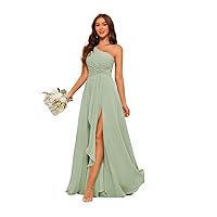 Women's One Shoulder Bridesmaid Dresses for Wedding Long Chiffon with Slit A-Line Formal Party Gown U009
