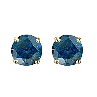 1.50 Carat (ctw) 10K Yellow Gold Round Cut Blue Diamond Ladies Stud Earrings 1/2 CT