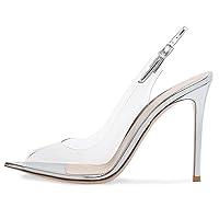 Open Toe Slingback Heels Wedding High Stiletto Heel 4.7 Inch Backstrap Pointed Toe Pumps Transparent PVC Prom Dress Bride Shoes for Dinner Party