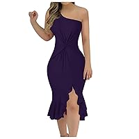 Women Sexy One Shoulder Wedding Party Club Solid Color/Printed Ruffle Midi Dress