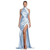 Women's Mermaid Halter Bridesmaid Dresses Long Satin Prom Dress with High Slit Pleated Formal Evening Party Gown