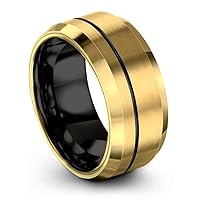 Tungsten Wedding Band Ring 10mm for Men Women Bevel Edge 18K Yellow Gold Black Offset Line Brushed Polished