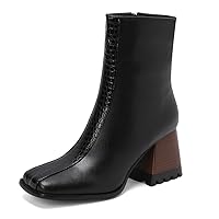Square Toe Stacked Heel Zipper Women Dress Ankle Boots Cute Vintage Comfortable Booties