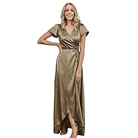Basgute Satin Short Sleeve Bridesmaid Dresses for Wedding Wrap Slit Long A Line Maxi Formal Evening Party Gown for Women