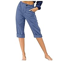 Womens Capri Pants Summer Cotton Linen Elastic Waist Pants Button Down Loose Cropped Pant Trendy Casual Trousers