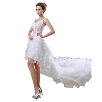White Spaghetti Strap V Neck High Low Wedding Dress With Layered Skirt
