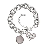Stainless Steel Disc with Border - Class of 2024 Heart Charm Link Bracelet, 7.25+1.25