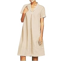 Womens Summer Dresses Fashion Lapel Cotton Linen Dress for Women 2023 V Neck Short Sleeve Tshirt Dresses Sundresses