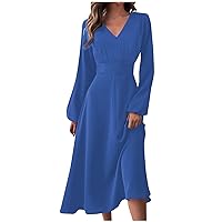 Womens Fall Dress Solid Long Sleeve V Neck Wedding Guest Dress Casual Elegant Cocktail Party Dress