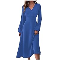 Formal Long Sleeve Midi Dress Trendy Sexy V Neck Ruched Flowy Party Dress Casual Elegant Floral Smocked Swing Dress