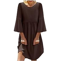 Cotton Linen Dress Women Summer 2024 Crewneck Ruffle 3/4 Sleeve Knee-Long T Shirt Dresses Loose Solid Casual Beach Dress