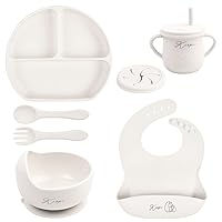 Baby Led Weaning Supplies - KIRPI Baby Feeding Set - Silicone Suction Bowls, Divided Plates, Sippy and Snack Cup-Toddler Self Feeding Eating Utensils Set with Bibs, Spoons, Fork-6 Months (Grey White)