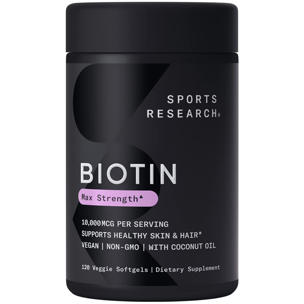 Sports Research Vegan Biotin 10,000mcg with Coconut Oil - Max Strength Biotin Vitamin B7 for Healthier Hair & Skin and Keratin Support - Non-GMO & Gluten Free, 120 Softgels (4 Month Supply)