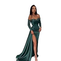 Off The Shoulder Sequin Long Sleeve Prom Dresses Long Satin Mermaid Evening Gown for Women Formal Dress with Slit