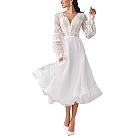Short Wedding Dresses for Bride Lantern Long Sleeve Bridal Gowns Illusion Evening Dress Exquisite Evening Party Dress Tea Length White 6