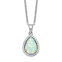 925 Sterling Silver Polished Spring Ring Polihsed Simulated Opal and Cubic Zirconia Necklace 18 Inch Jewelry for Women
