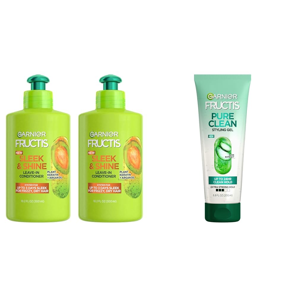 Garnier Fructis Sleek & Shine Leave-In Conditioning Cream for Frizzy, Dry Hair, Plant Keratin + Argan Oil, 10.2 Fl Oz, 2 Count & Fructis Style Pure Clean Styling Gel 6.8 Fl Oz, 1 Count,