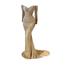 Datangep Luxury Bead Champagne Prom Dresses Off Shoulder Long Sleeves Mermaid Evening Dress Formal Party Gowns