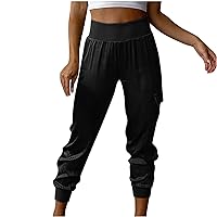 Women Smooth Satin Stretch High Waist Sweat Pants Trendy Casual Solid Color Tapered Jogger Trousers with Pockets