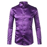 EN8 Silk Satin Dress Shirt Men Casual Dance Party Long Sleeve Chemise Smooth Wrinkle Free Tuxedo Shirts