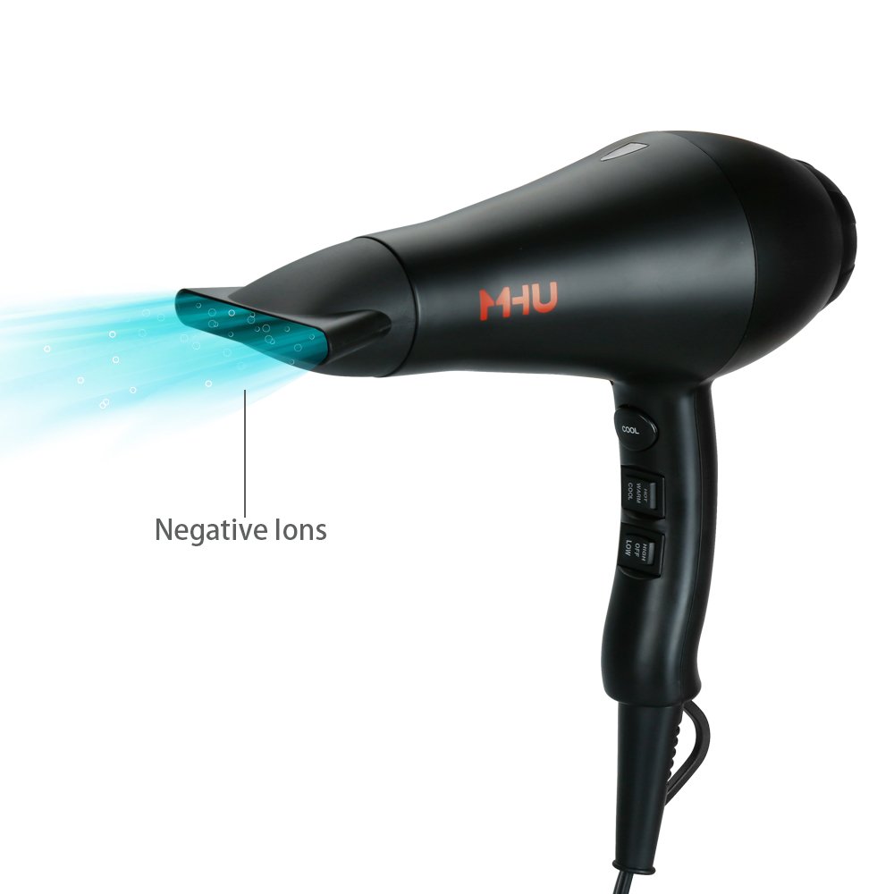 MHU Professional Infrared Ionic Hair Dryer,Smoothing Concentrator and Volumizing Diffuser,2 Speed 3 Heat and Cool Setting,AC Motor and 2.65 Meter Salon Cable,Powerful Blow Dryer 1875W, Black