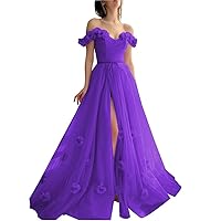 3D Flower Tulle Prom Gowns for Teens 2024 Long Off Shoulder Sweetheart A-Line Puffy Formal Gowns and Evening Dresses Purple 12