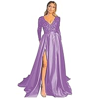 Sequin Satin Prom Dresses V Neck Long Sleeve Ball Gowns for Women Formal A-Line Sparkly Evening Party Gowns with Slit