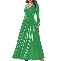 Elegant A-Line Cocktail Party Dress Women V-Neck Long Sleeve Shiny PVC Leather Maxi Dress