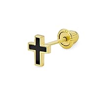 Tiny Minimalist Helix 1 Piece Ear Lobe Piercing Daith Ichthus Christian Jesus Fish or Black Gold Cross Real Yellow 14K Gold Cartilage Stud Earring For Women Teen Safety Screw Back