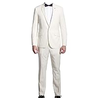 Mens 2 Piece 1 Button Peak Lapel Slim Fit Bowtie Milk White Suit