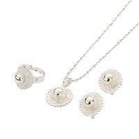 Necklace Pendants Earrings Ring Set Silver Filled Plated Jewelry African Ethiopia Flower Jewelry Set