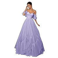 Off Shoulder Tulle Ball Gown Long Puffy Short Sleeve Prom Dresses Sweetheart Ball Gown Formal Dress for Women