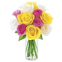 KaBloom PRIME ORVERNIGHT DELIVERY - Seraphic Bouquet of 4 Pink Rose 4 Yellow Rose 4 White Rose With Vase .Gift for Birthday, Sympathy, Anniversary, Thank You, Valentine, Mother’s Day Fresh Flowers