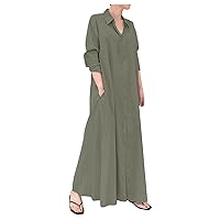 Women's Fall Dresses 2023 Casual Cotton Linen Solid Color Loose Temperament Long Shirt Dress, S-5XL