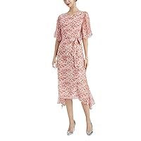 100% Mulberry Silk Dresses Women Crewneck Elastic Waist Lace Up Printing Slits Midi Dress