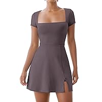 Dokuritu Womens Tennis Dresses Short Sleeve Square Neck 2024 Side Slit Double Lined Golf Athletic Dress with Built in Shorts