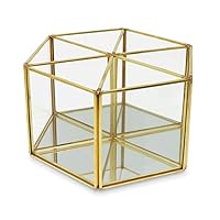 Isaac Jacobs 6-Compartment Rotating Makeup Brush Holder, 360 Degree Acrylic Carousel, Vintage Style Brass and Glass Organizer, Storage Solution with Mirror Base for Makeup, Kitchen, Crafts, & More